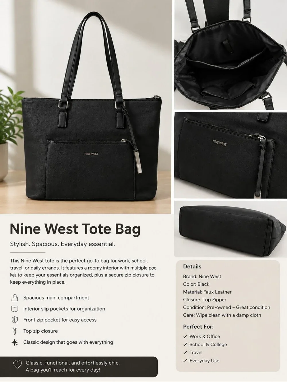 Nine West Black Faux Leather Tote